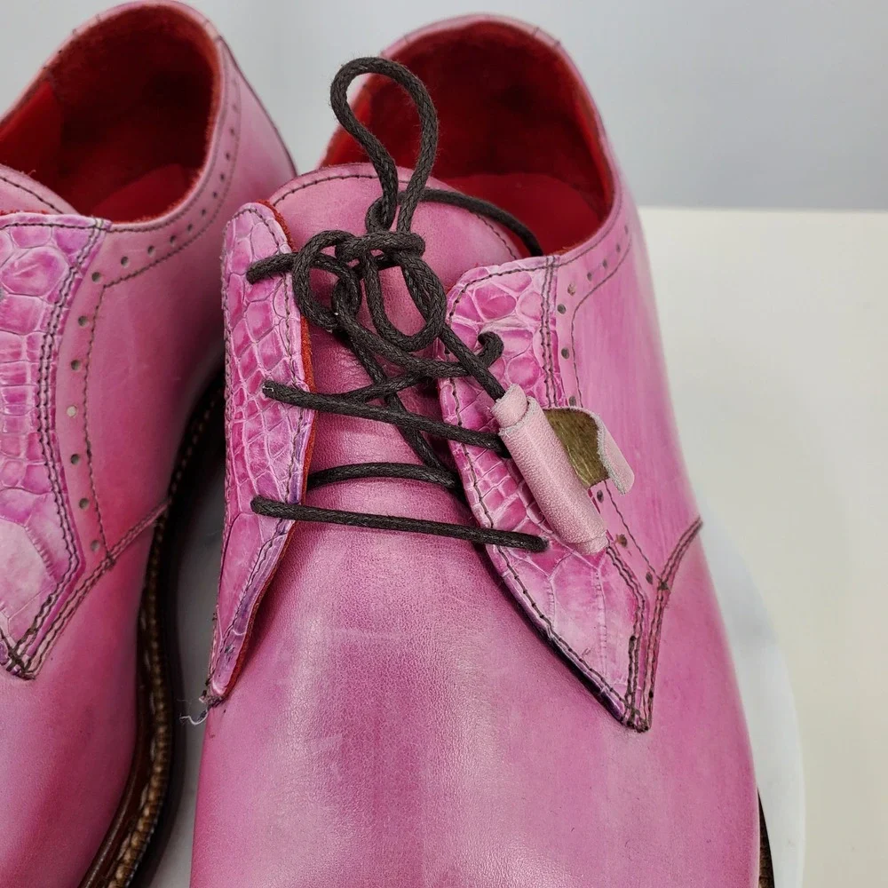 Fennix Italy Tyler Pink Alligator Calfskin Leather Lace-Up‎ Derby Dress Shoes 47